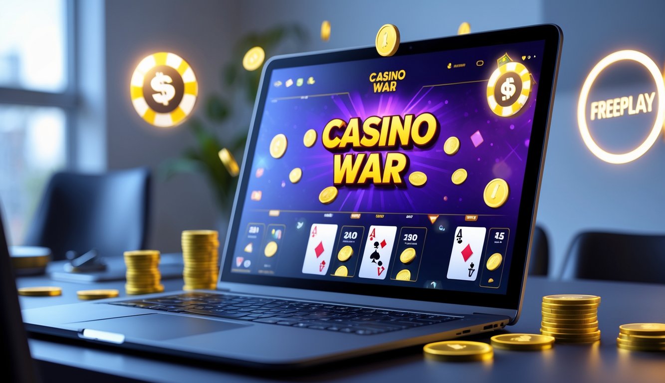 Seorang pengguna sedang bermain permainan Casino War online di laptop dengan tampilan kartu dan chip di layar, di meja kerja yang rapi dan terang.