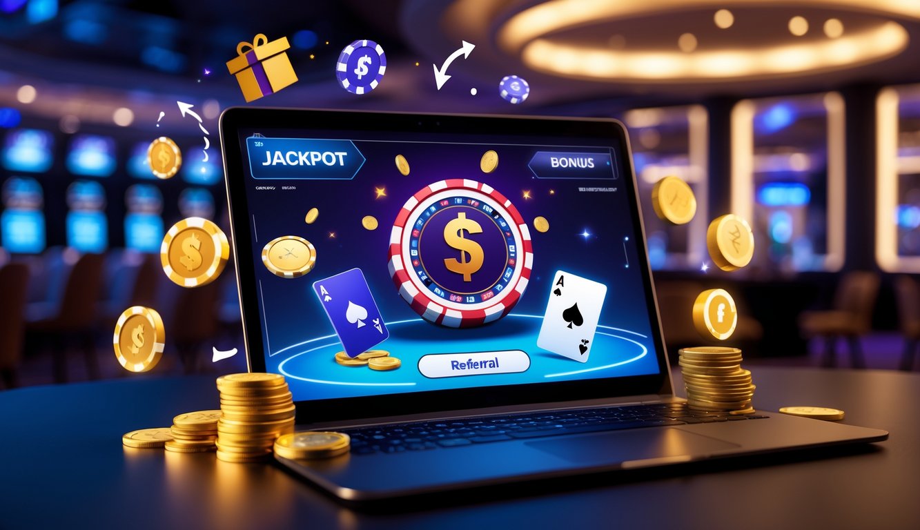 Seseorang menggunakan laptop dengan permainan poker online di layar, dikelilingi oleh simbol hadiah dan koin di latar belakang kasino yang mewah.