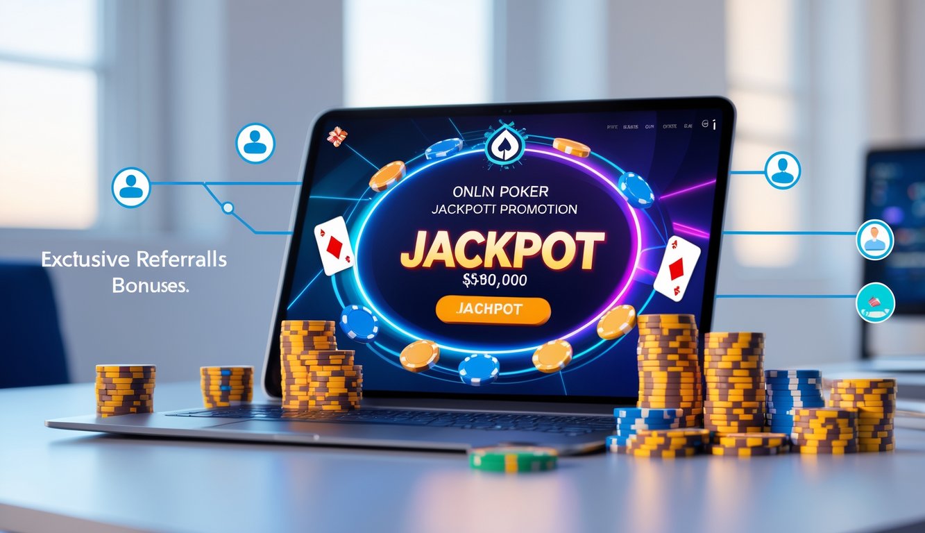 Seseorang menggunakan laptop menampilkan permainan poker online dengan chip poker dan kartu remi, menunjukkan suasana promosi jackpot dan bonus referral.