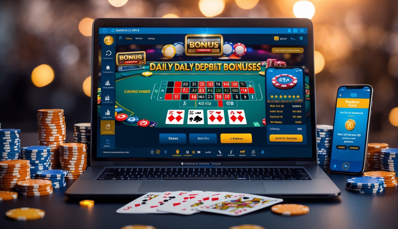 Seseorang menggunakan laptop dengan layar menampilkan permainan kasino online, dikelilingi chip poker dan kartu remi di meja.