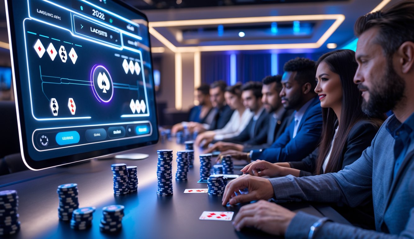 Sejumlah pemain poker duduk di ruang modern dengan layar digital menampilkan tumpukan chip dan kartu poker, menunjukkan suasana turnamen poker online yang kompetitif.