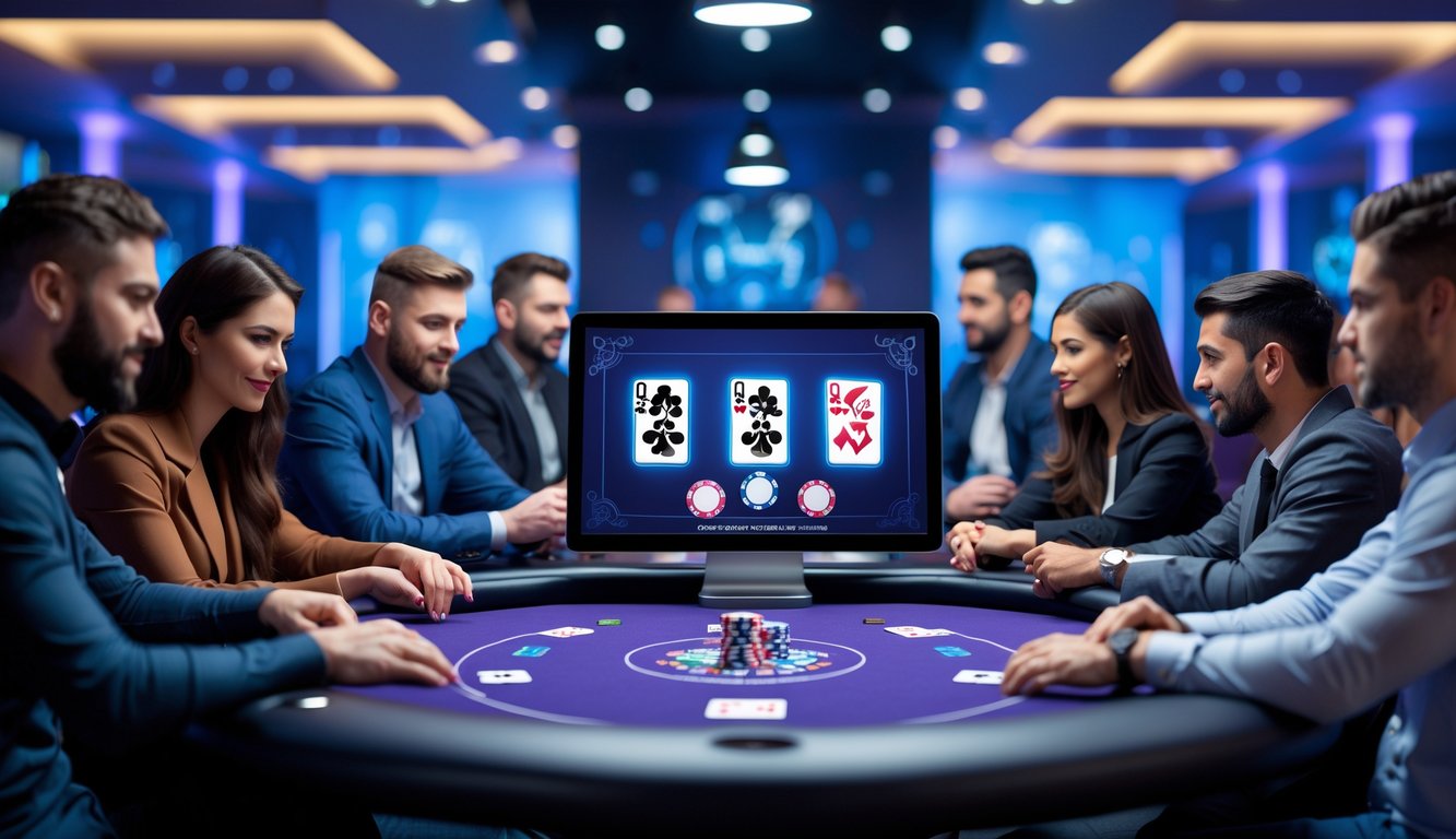 Suasana turnamen poker online dengan pemain yang fokus di depan layar komputer menampilkan meja poker virtual dan chip.