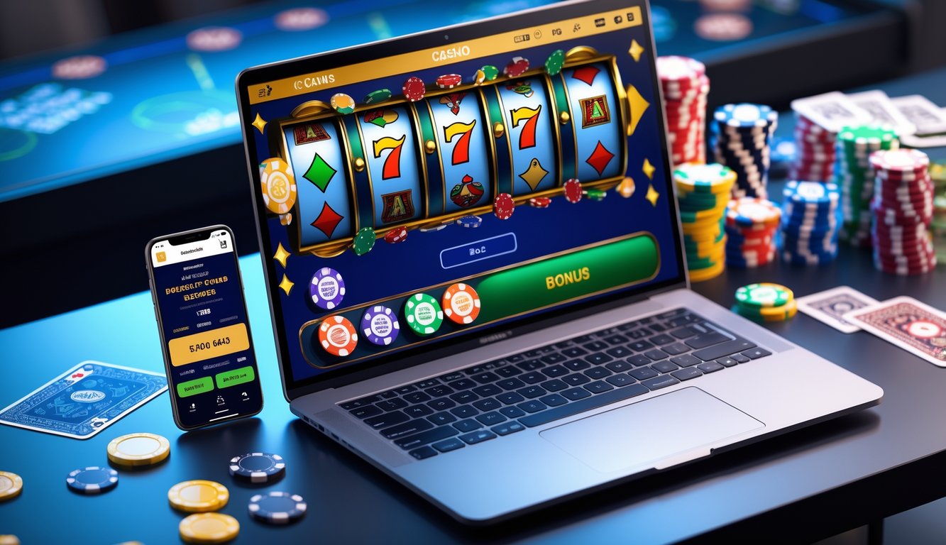 Sebuah laptop dan ponsel menampilkan permainan kasino online dengan chip dan kartu di atas meja.