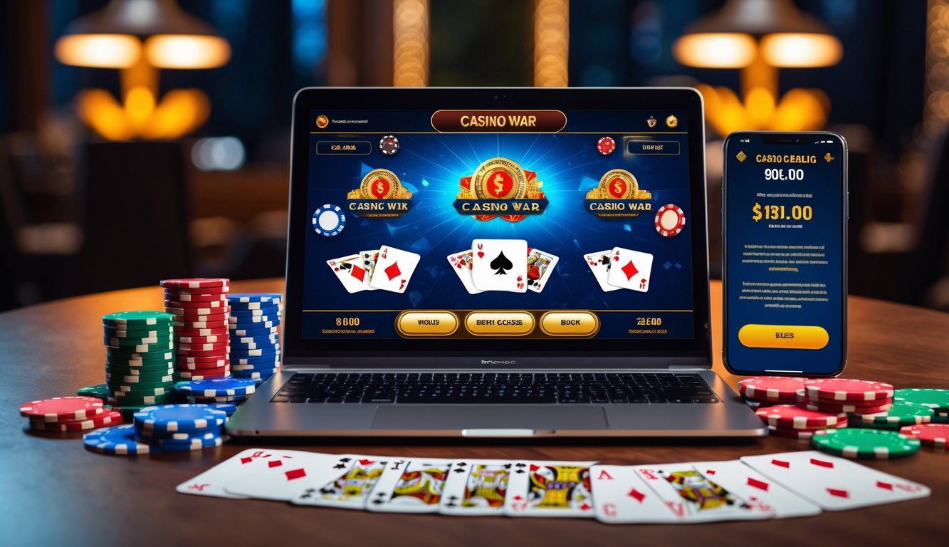 Sebuah laptop dengan permainan kartu Casino War online di layar, dikelilingi oleh chip poker dan kartu remi di atas meja.