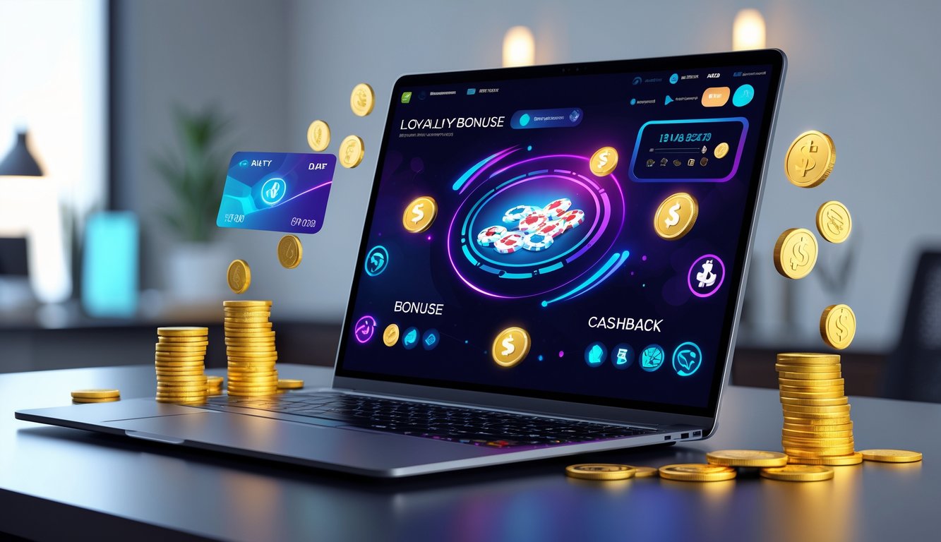 Sebuah meja dengan laptop yang menampilkan permainan poker online dan simbol chip, kartu, serta ikon bonus dan cashback di sekitarnya.