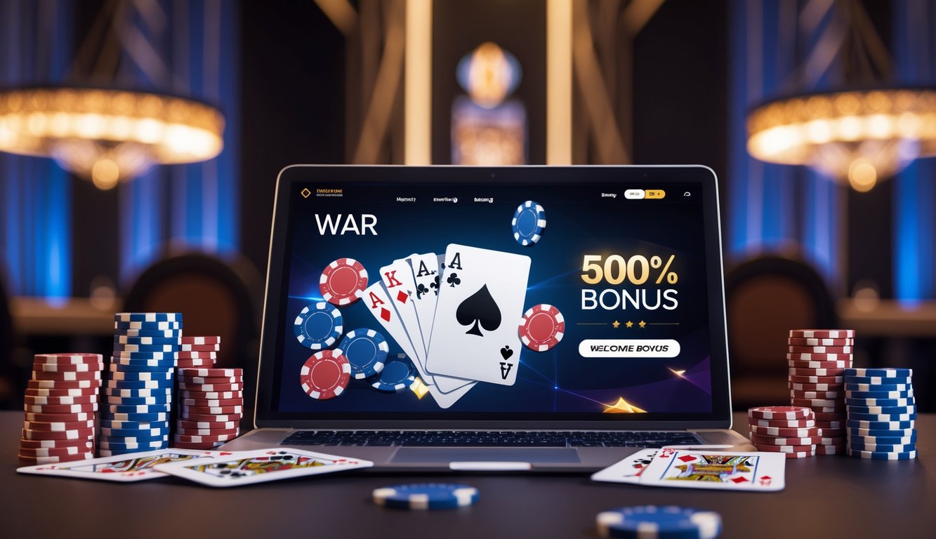 Seorang pemain menggunakan laptop dan ponsel untuk bermain permainan kasino War dan Poker online dengan tumpukan chip dan kartu di sekitar perangkat.
