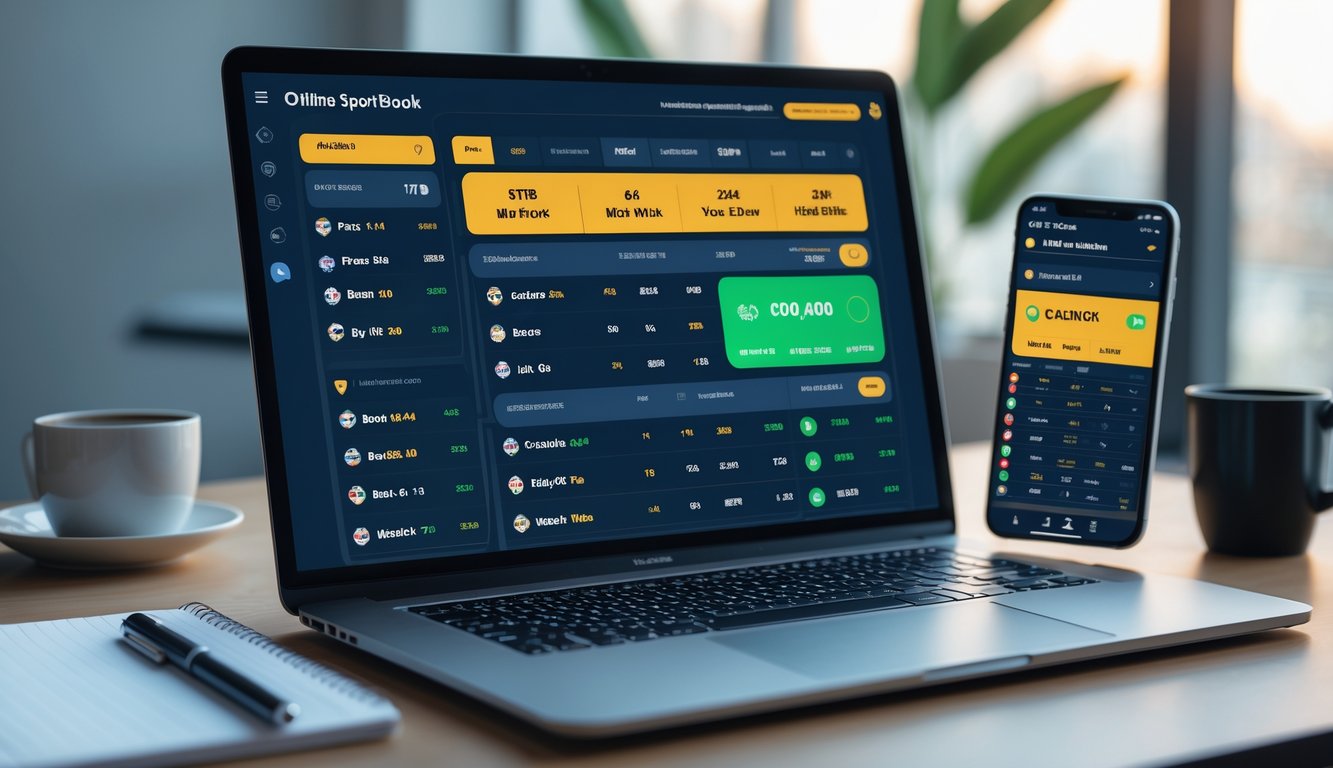 Sebuah meja kerja modern dengan laptop dan ponsel yang menampilkan antarmuka taruhan bola online dan notifikasi cashback.