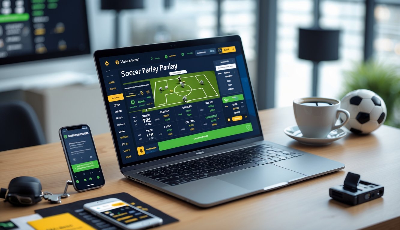 Seorang pria menggunakan laptop dengan tampilan taruhan sepak bola online di meja kerja modern, dikelilingi oleh bola sepak dan ponsel.