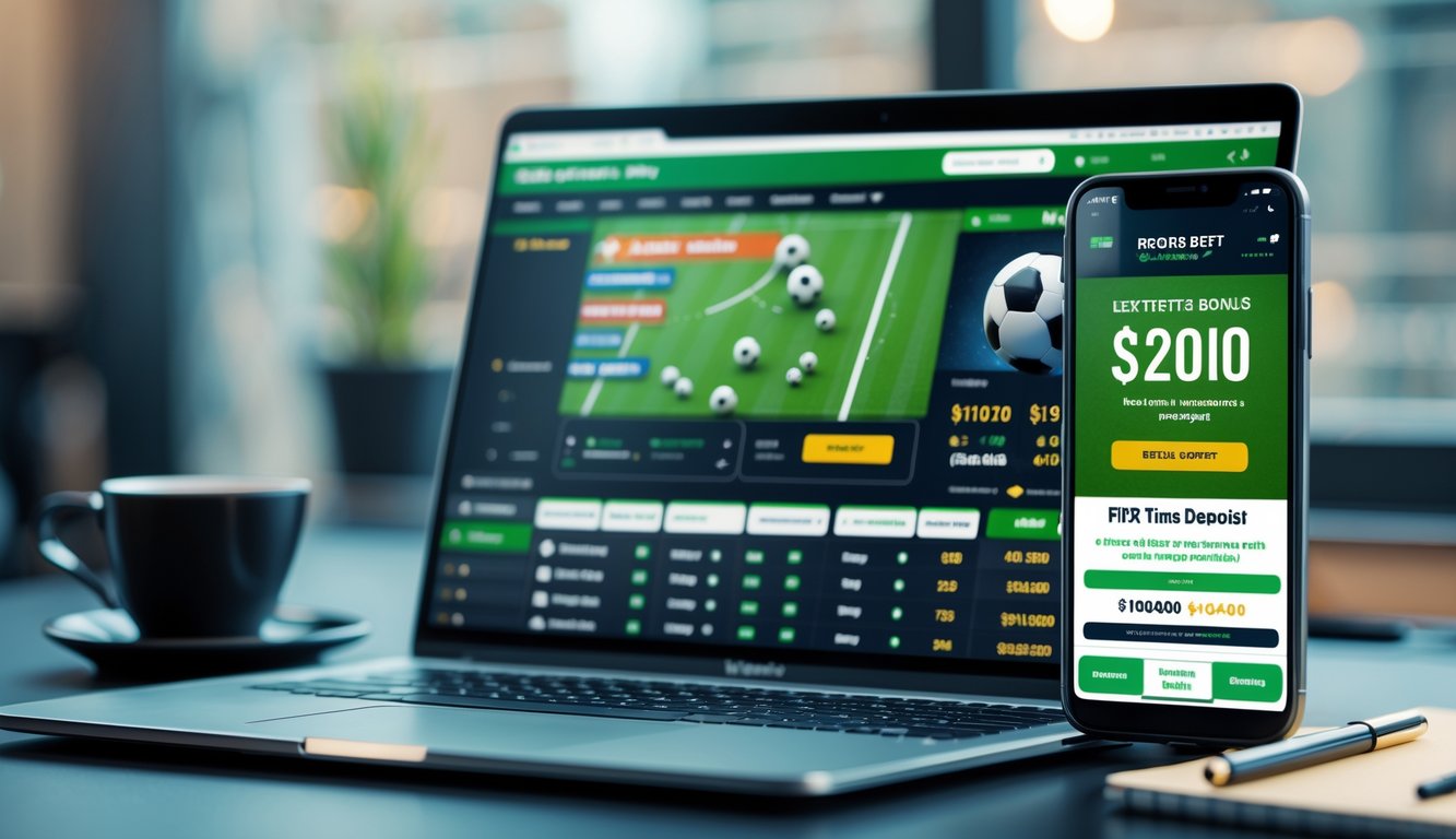 Seseorang menggunakan laptop dan ponsel untuk memasang taruhan bola secara online di ruang kerja modern.