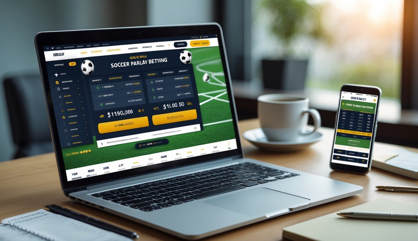 Seseorang menggunakan laptop dan perangkat digital lain untuk memasang taruhan bola parlay online di sebuah meja kerja yang rapi.