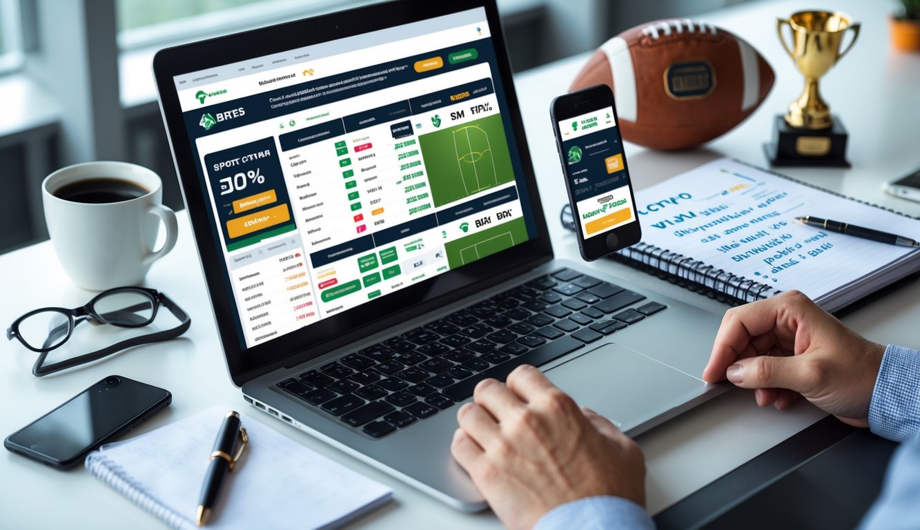 Meja kerja dengan laptop, ponsel, dan buku catatan yang menampilkan situs dan aplikasi taruhan olahraga online, dengan suasana kantor yang rapi dan pencahayaan terang.