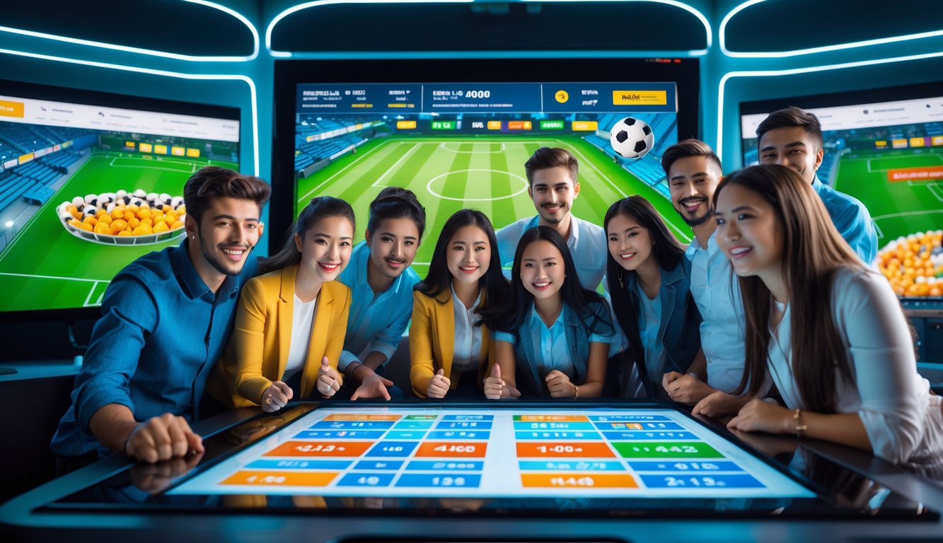 Sekelompok orang muda yang antusias berkumpul di sekitar meja layar sentuh dengan tampilan taruhan sepak bola online.