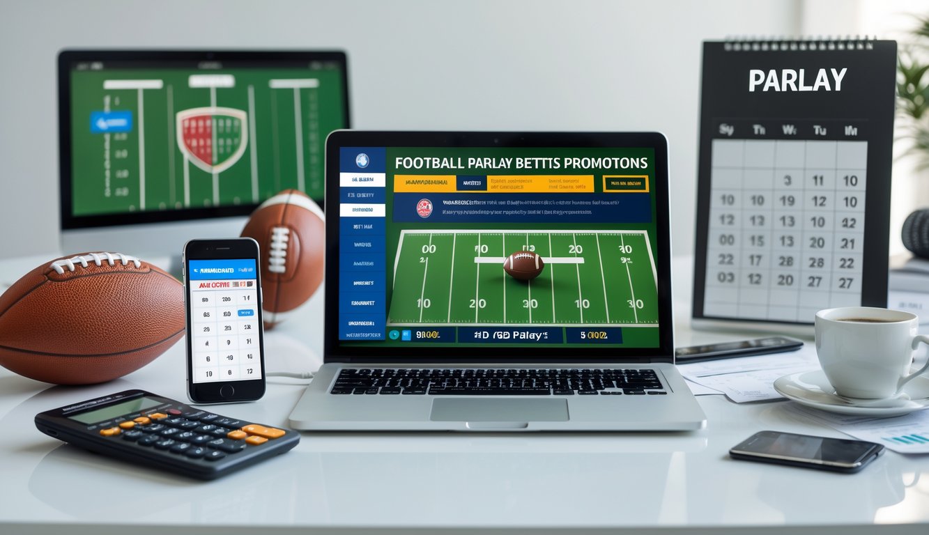 Meja kerja dengan laptop menampilkan situs judi bola parlay, smartphone dengan peluang taruhan, kalkulator, dan bola sepak di latar belakang.