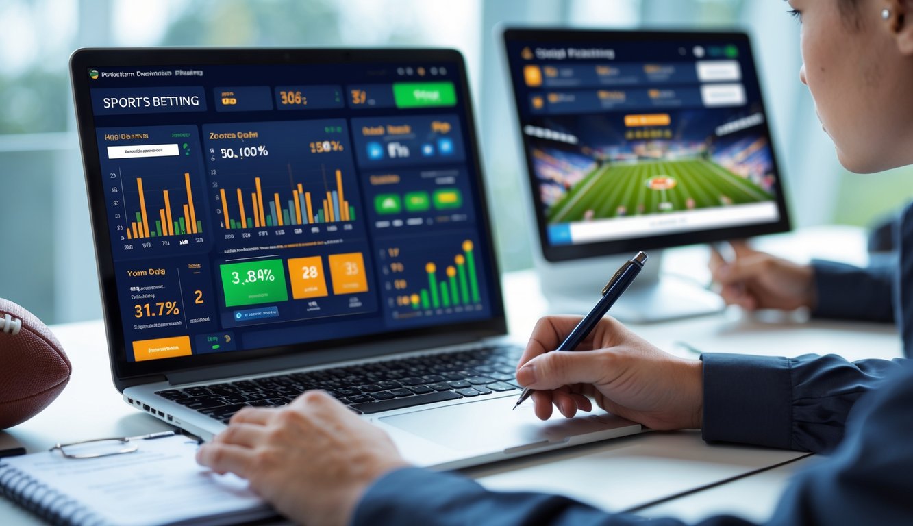 Seorang pria duduk di meja kerja dengan laptop yang menampilkan data taruhan bola dan grafik, sedang menganalisis strategi promo bonus judi bola online.