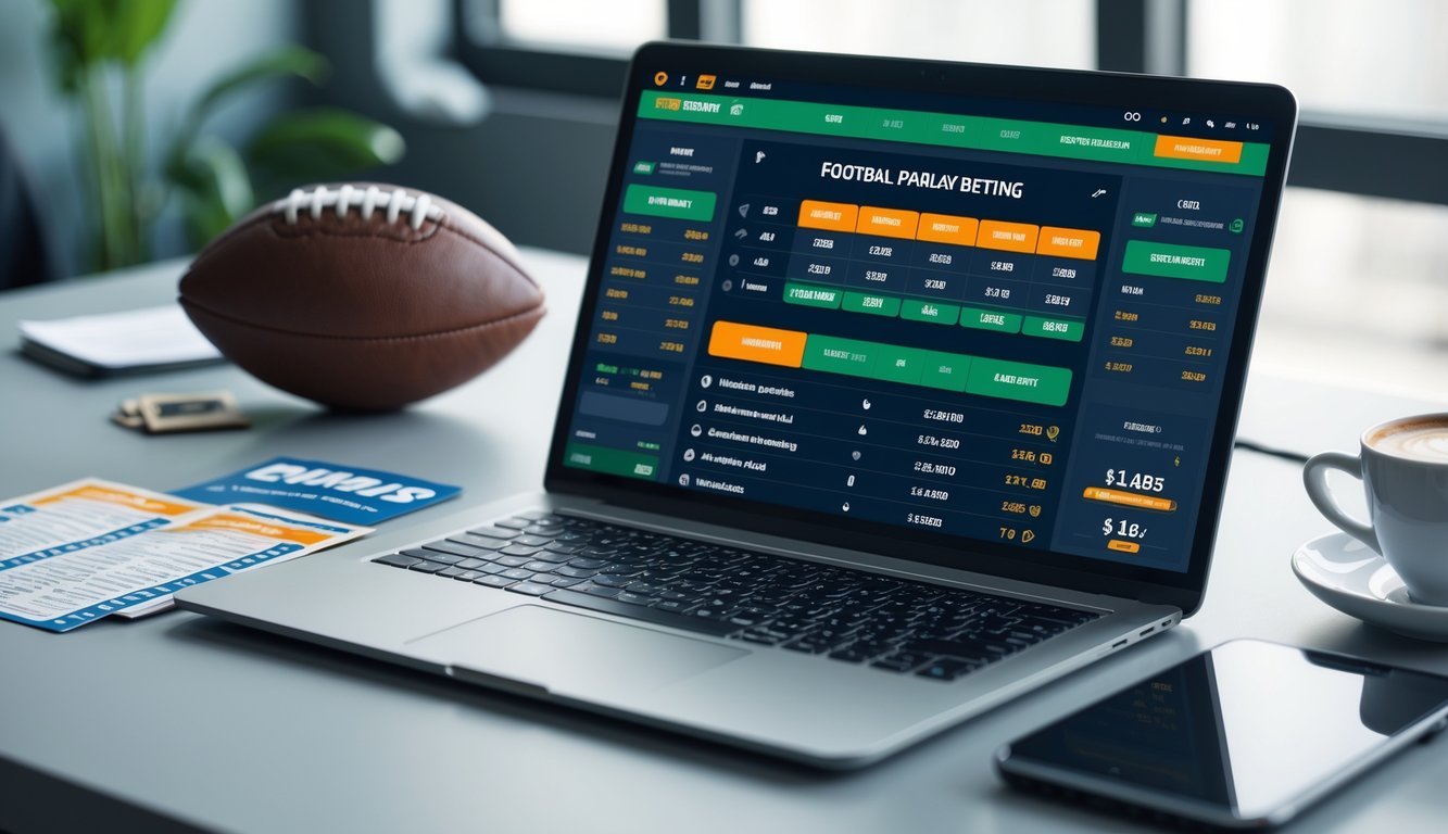 Seorang pria menggunakan laptop dan ponsel di meja dengan tampilan aplikasi taruhan bola, bola sepak di sampingnya, suasana profesional dan nyaman.