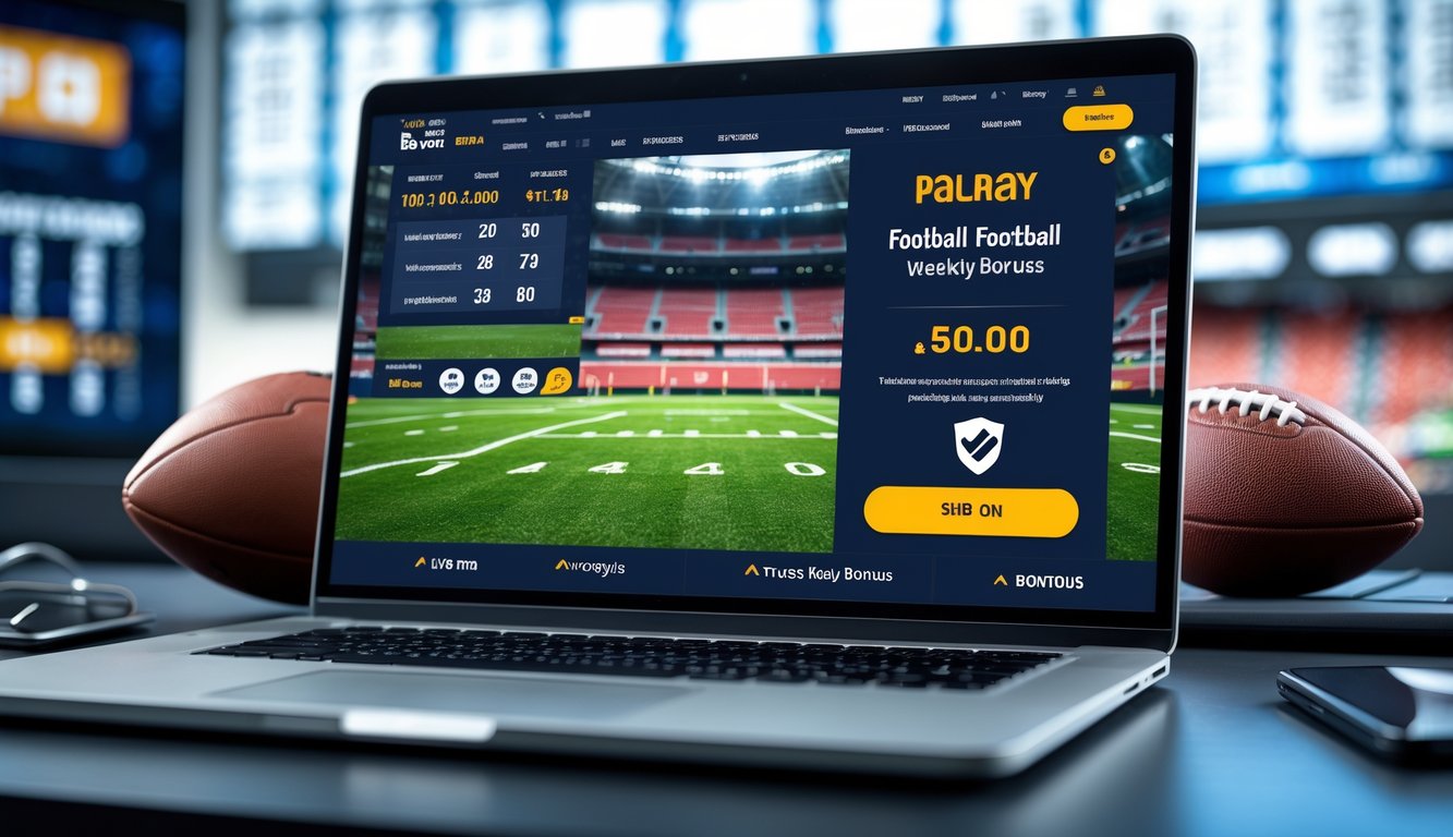 Seorang pria menggunakan laptop di meja kerja dengan gambar bola sepak dan lampu stadion di latar belakang, menggambarkan tema taruhan bola online yang terpercaya dan promosi bonus mingguan.