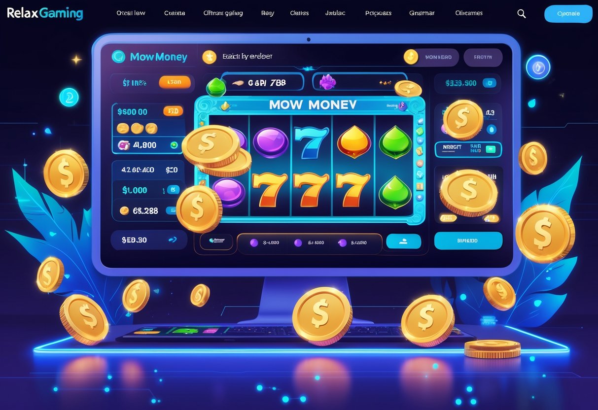 Ilustrasi antarmuka permainan online Mow Money dengan elemen mesin slot, koin digital, dan simbol jackpot yang berwarna-warni.