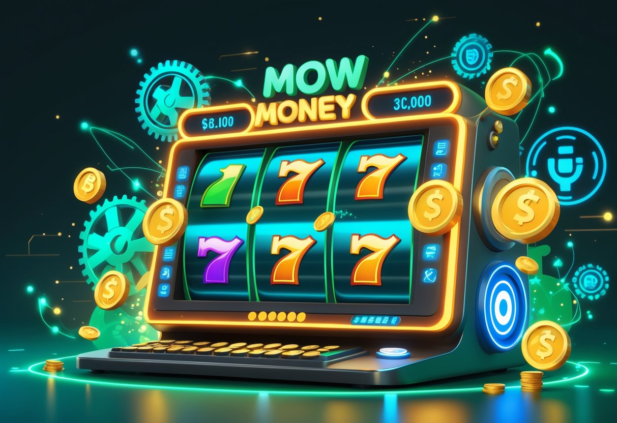Ilustrasi mesin slot digital dengan simbol uang dan elemen teknologi di latar belakang modern yang menunjukkan keunggulan dan inovasi permainan slot online Mow Money.