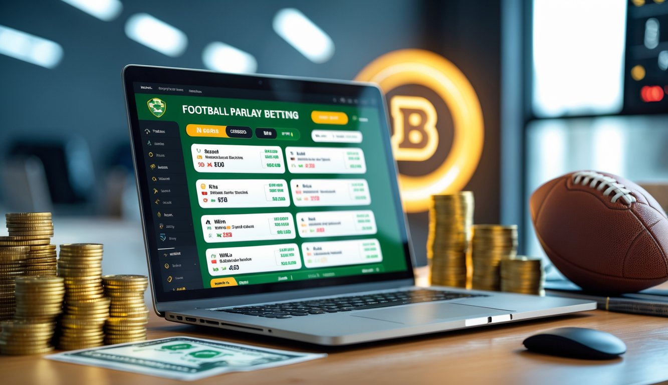 Seseorang menggunakan laptop dengan tampilan situs taruhan bola online, dikelilingi oleh tumpukan uang dan koin emas, dengan latar belakang perlengkapan sepak bola.