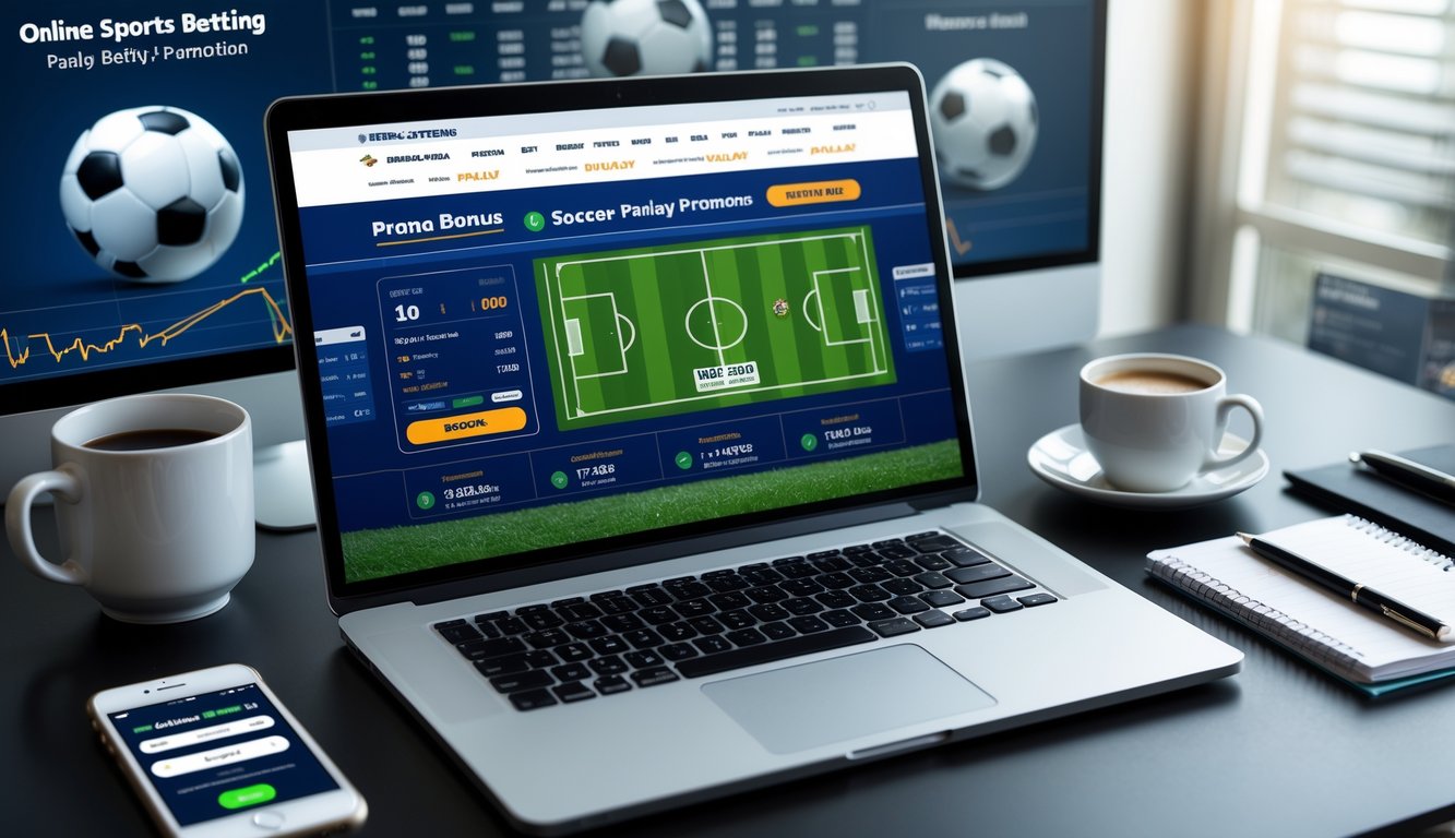 Seorang pria bekerja dengan laptop yang menampilkan situs taruhan sepak bola online, dikelilingi oleh ponsel dan alat tulis di meja kerja.