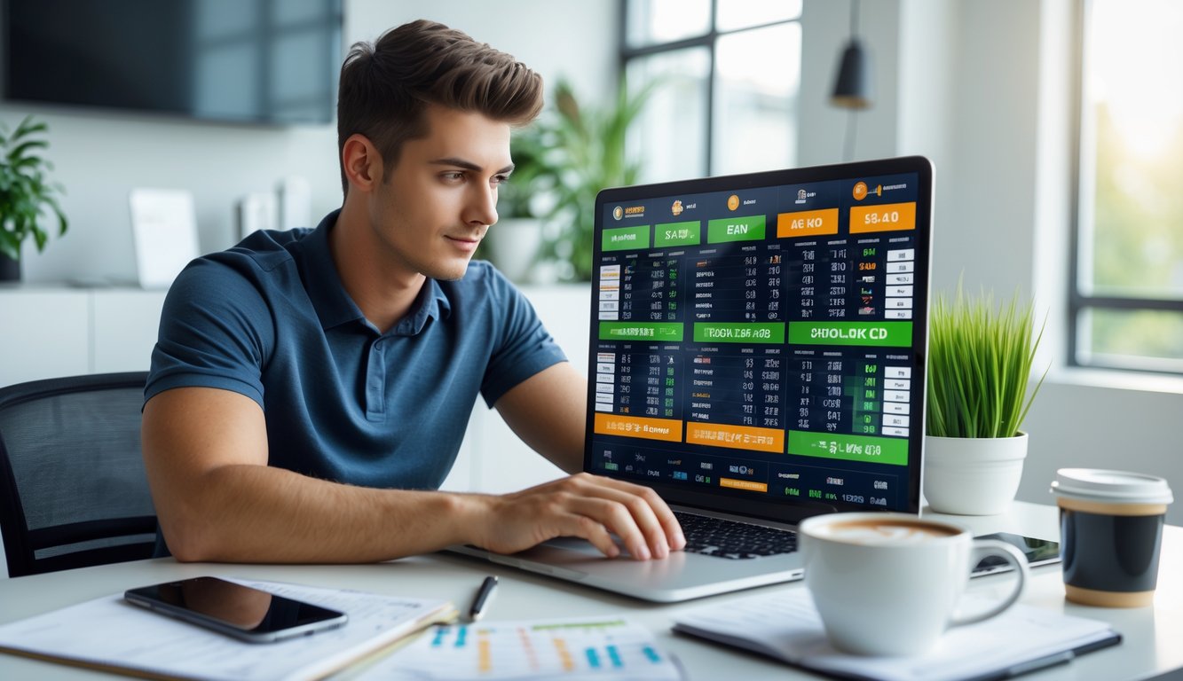 Seorang pria muda duduk di meja kerja dengan laptop yang menampilkan taruhan olahraga online, dikelilingi oleh ponsel, kopi, dan catatan strategi.