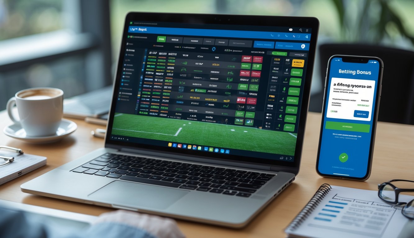 Seorang pria sedang menggunakan laptop dan ponsel di meja kerja dengan tampilan taruhan bola online di layar.