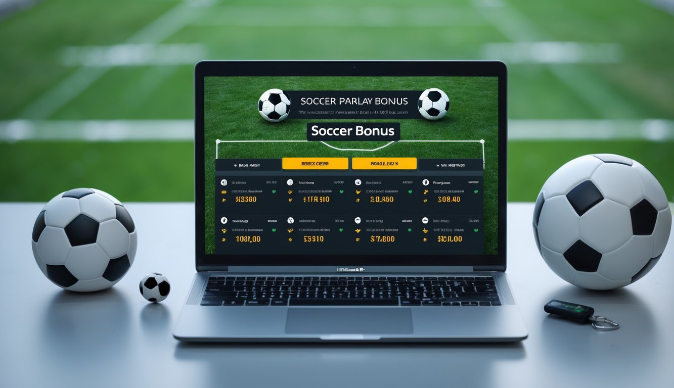 Seorang pria menggunakan laptop dengan tampilan antarmuka taruhan sepak bola online, di meja terdapat bola sepak dan peluit wasit.