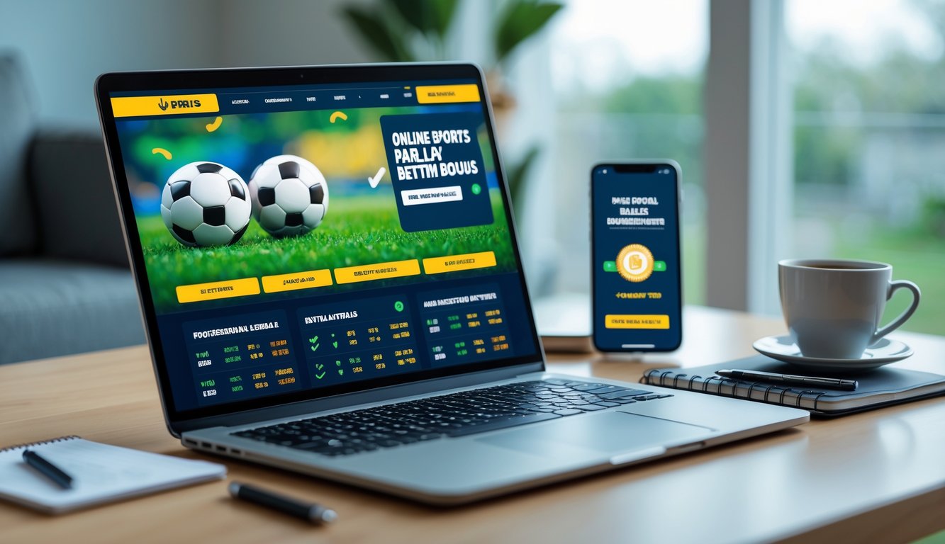 Seorang pengguna di depan laptop dengan tampilan situs taruhan bola online, di meja terdapat ponsel, kopi, dan catatan, suasana ruang kerja yang nyaman.