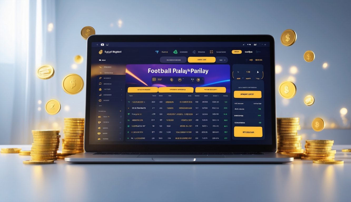 Seorang pria menggunakan laptop dengan tampilan situs taruhan sepak bola online, dikelilingi oleh simbol koin emas dan ikon hadiah.