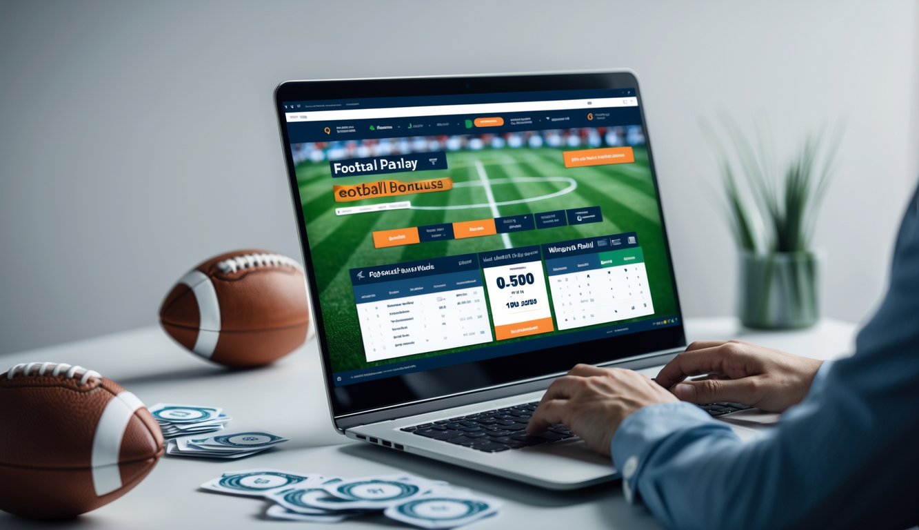 Seorang pengguna sedang mengakses situs judi bola parlay online dengan tampilan komputer dan elemen terkait sepak bola di meja kerja.