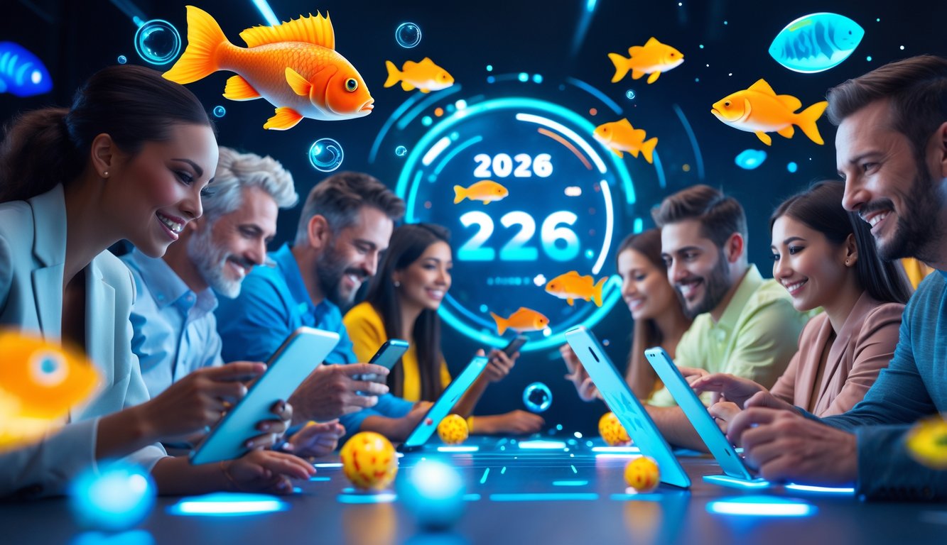 Orang-orang menggunakan perangkat digital bermain game tembak ikan dengan latar bawah laut yang penuh warna dan efek cahaya, menunjukkan suasana permainan online yang seru dan mengasyikkan.