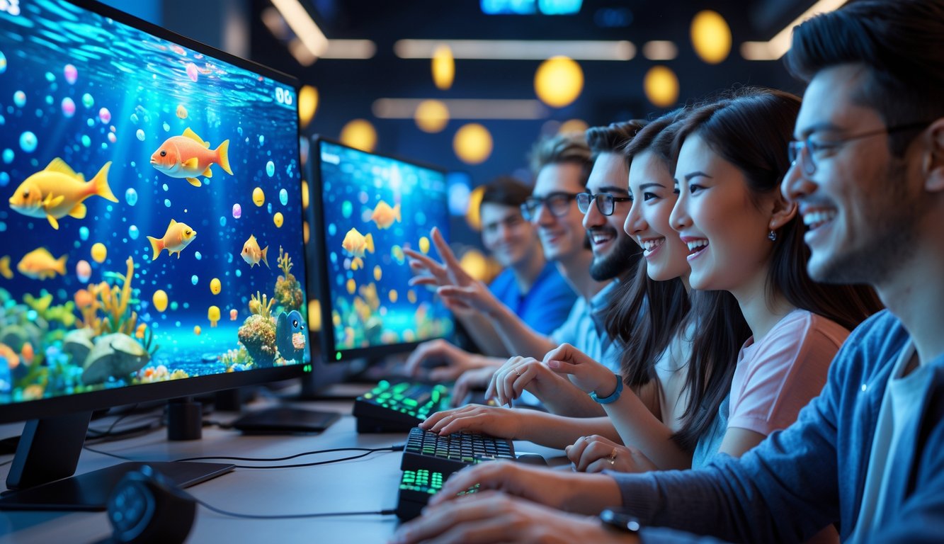 Sekelompok orang muda sedang bermain game tembak ikan online di depan komputer dengan layar penuh warna dan efek bawah laut.