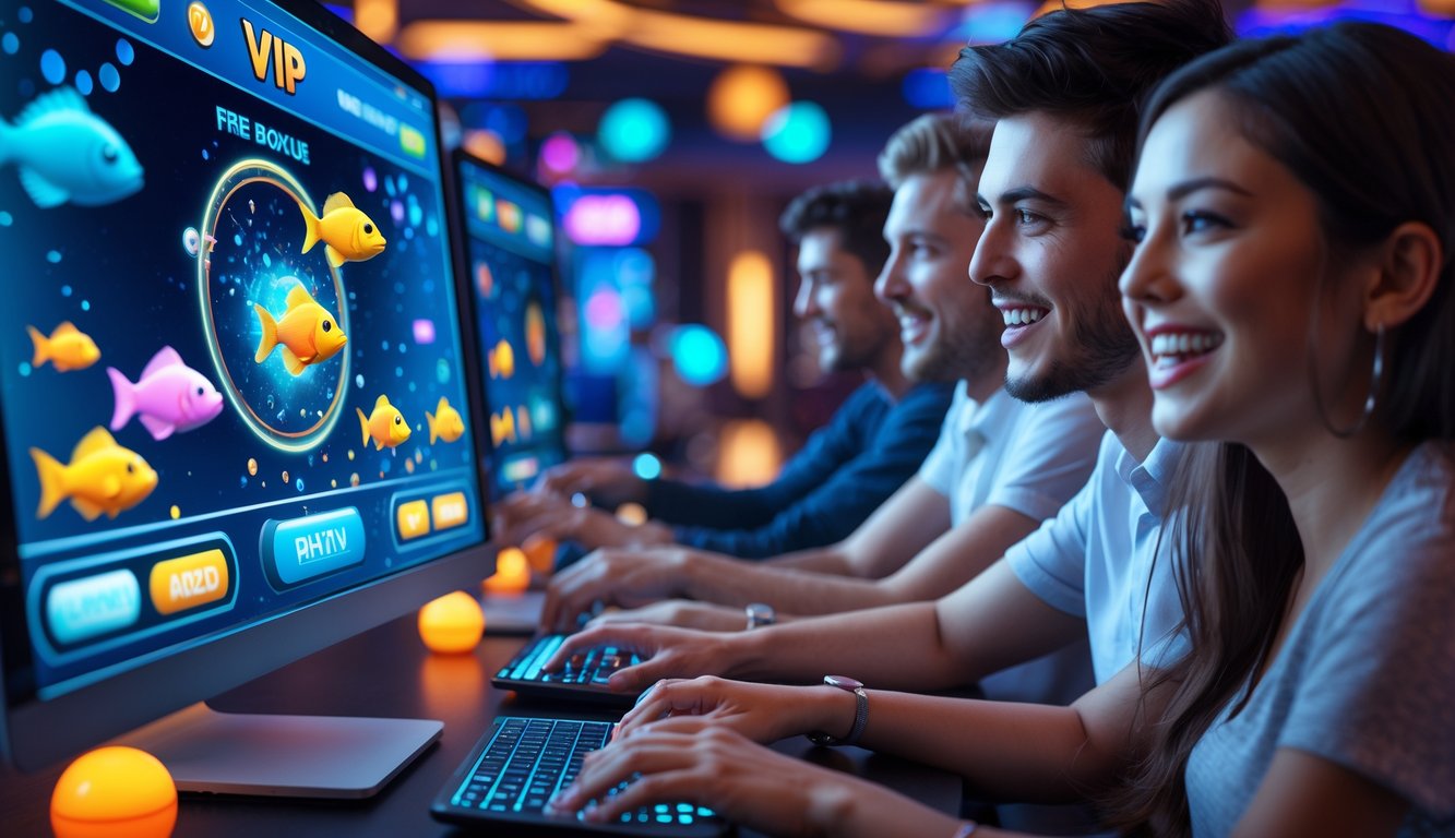 Sekelompok orang muda bermain game tembak ikan online dengan layar penuh warna dan suasana yang ceria.