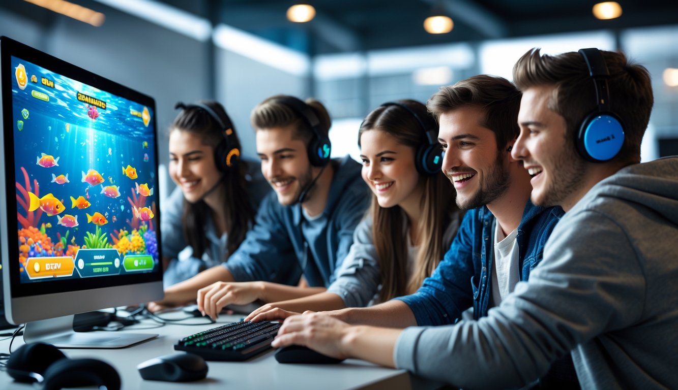 Beberapa orang muda sedang bermain game tembak ikan di komputer dengan ekspresi antusias di ruang kerja modern.