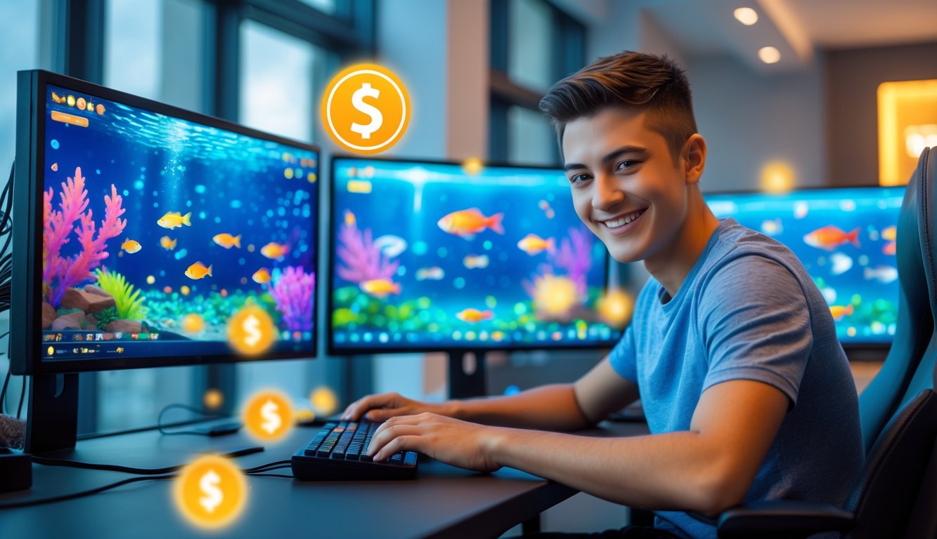Seseorang sedang bermain game menembak ikan online di depan komputer dengan layar berwarna-warni menampilkan ikan dan efek bonus.