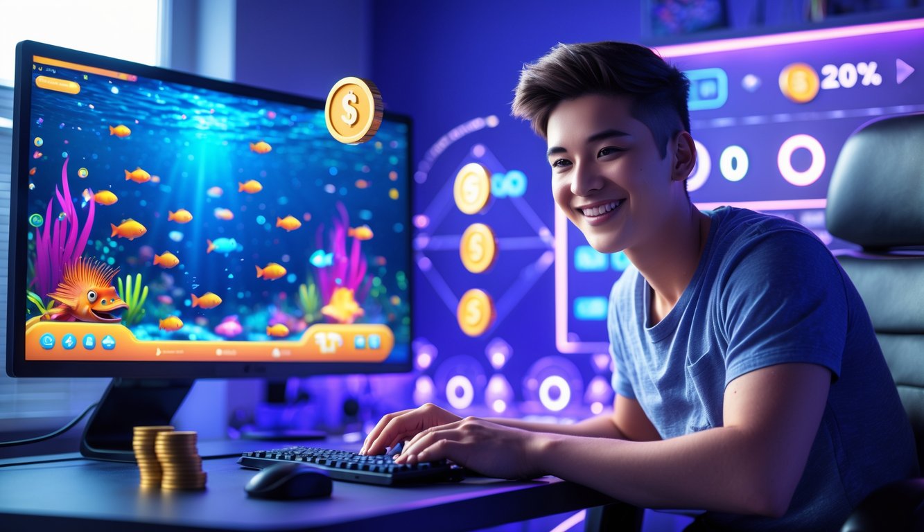 Seorang dewasa muda bermain game tembak ikan online di komputer dengan latar belakang layar penuh ikan berwarna-warni dan elemen bonus.