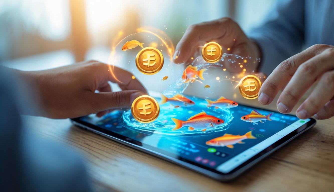 Seseorang menggunakan tablet dengan tampilan permainan ikan yang berwarna-warni dan ikon bonus yang menyala.