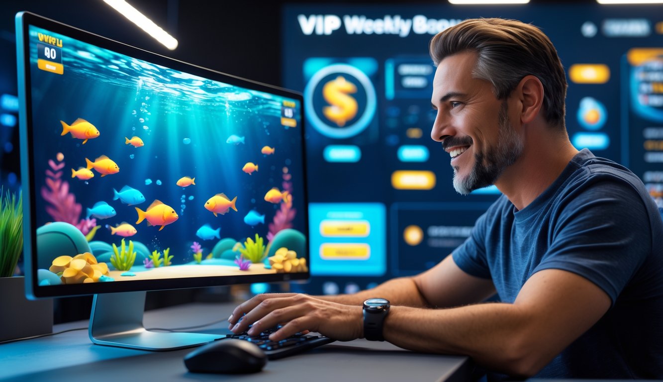 Seorang pemain dewasa sedang bermain permainan tembak ikan VIP online di komputer dengan latar bawah laut penuh warna dan elemen permainan yang dinamis.