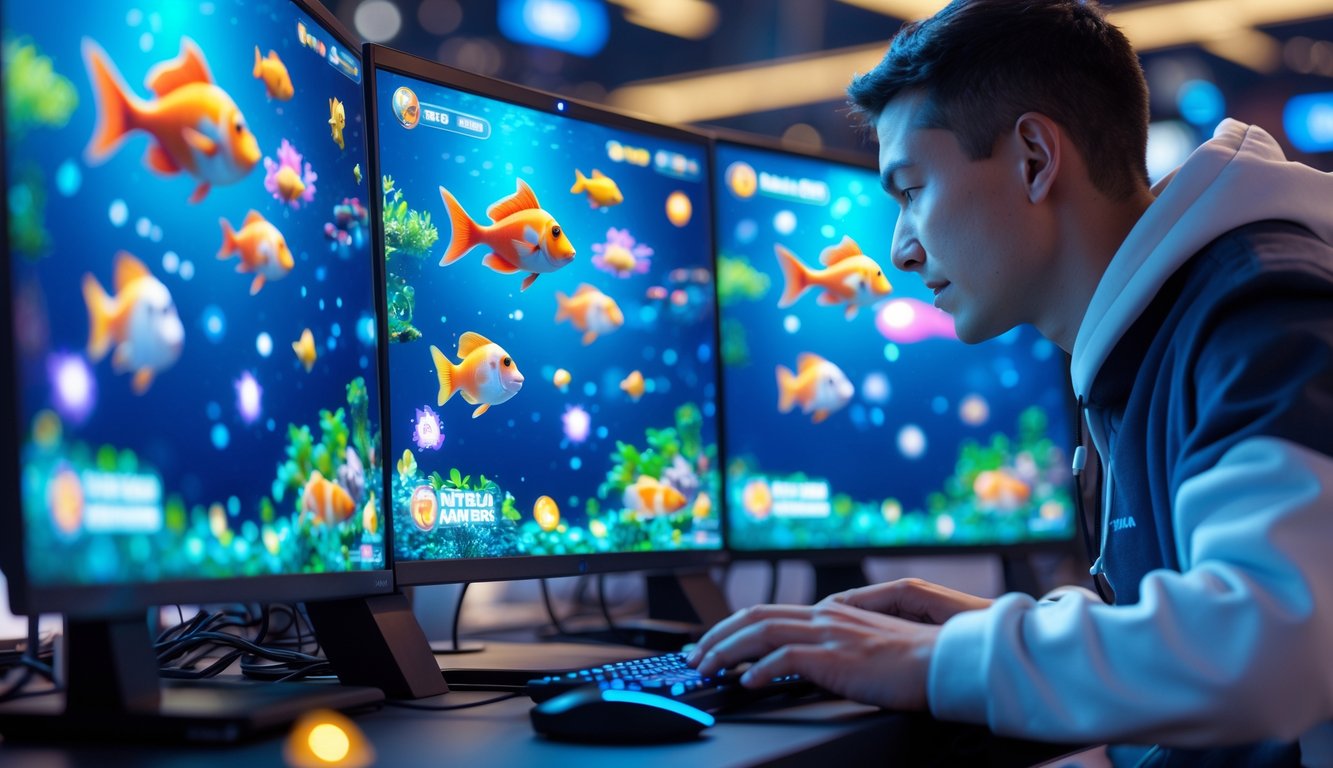 Seorang pemain profesional sedang bermain game tembak ikan VIP online dengan layar komputer yang menampilkan berbagai ikan berwarna-warni di bawah laut.
