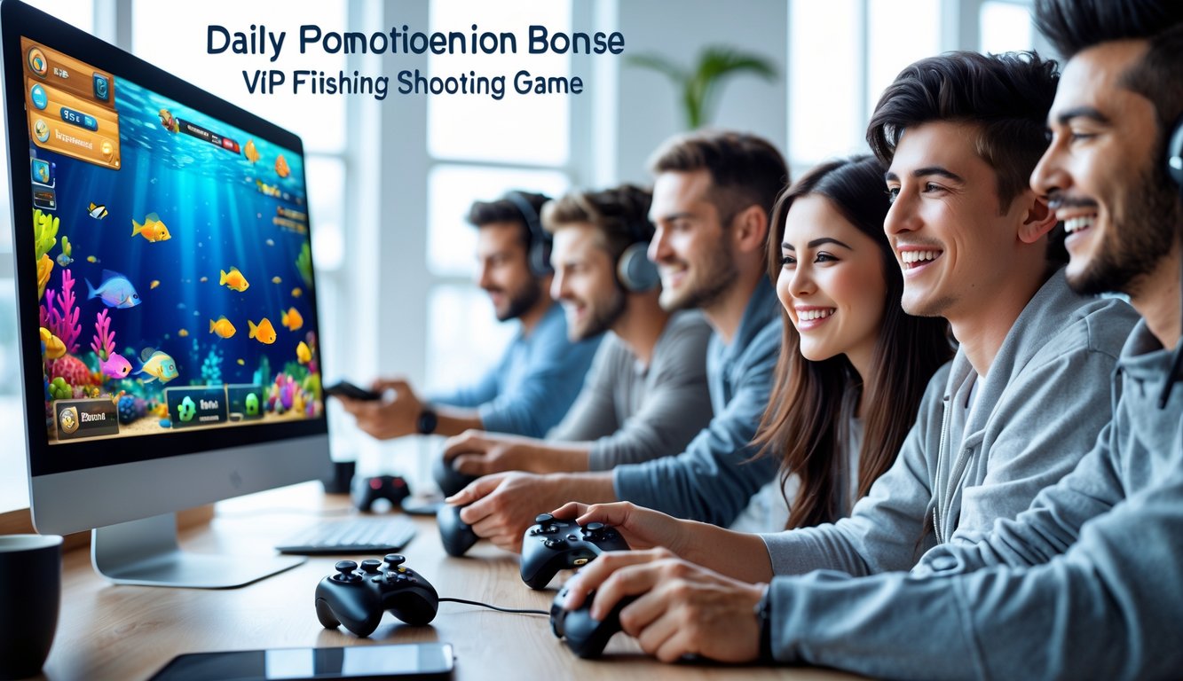 Beberapa orang muda sedang bermain game tembak ikan di komputer dengan latar belakang grafis bawah laut yang berwarna-warni.