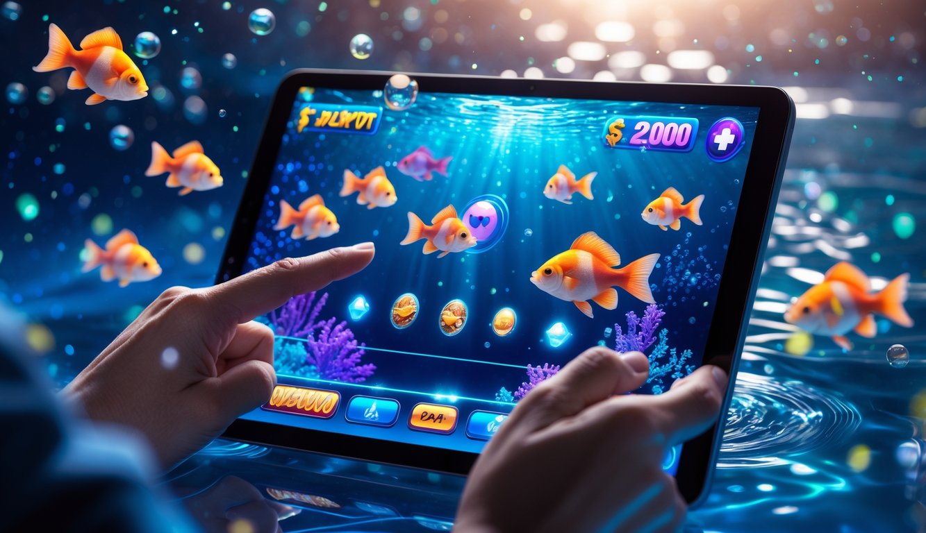 Seseorang sedang bermain game tembak ikan online dengan latar belakang ikan warna-warni dan efek air yang cerah.
