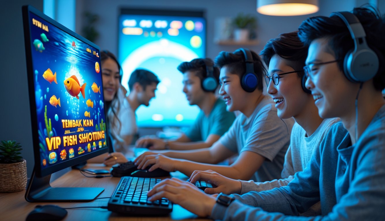 Beberapa orang muda sedang bermain permainan tembak ikan VIP online di komputer dengan latar ruangan modern.