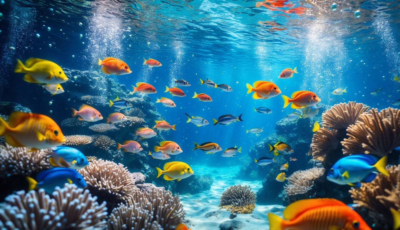 Pemandangan bawah laut dengan ikan berwarna-warni berenang di sekitar terumbu karang yang indah.