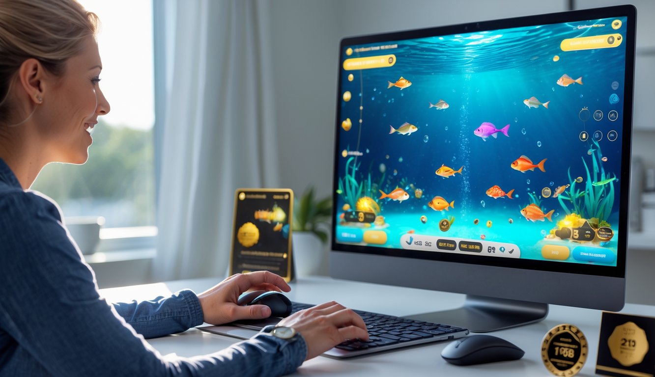 Seorang pemain dewasa sedang bermain permainan memancing ikan di komputer di ruang kerja modern dengan suasana yang cerah dan elemen yang menunjukkan keanggotaan VIP.