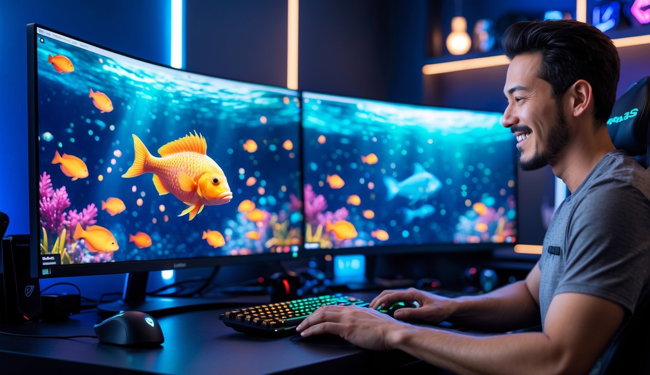 Seorang pemain dewasa sedang bermain game tembak ikan online di komputer dengan latar ruangan gaming yang modern dan terang.
