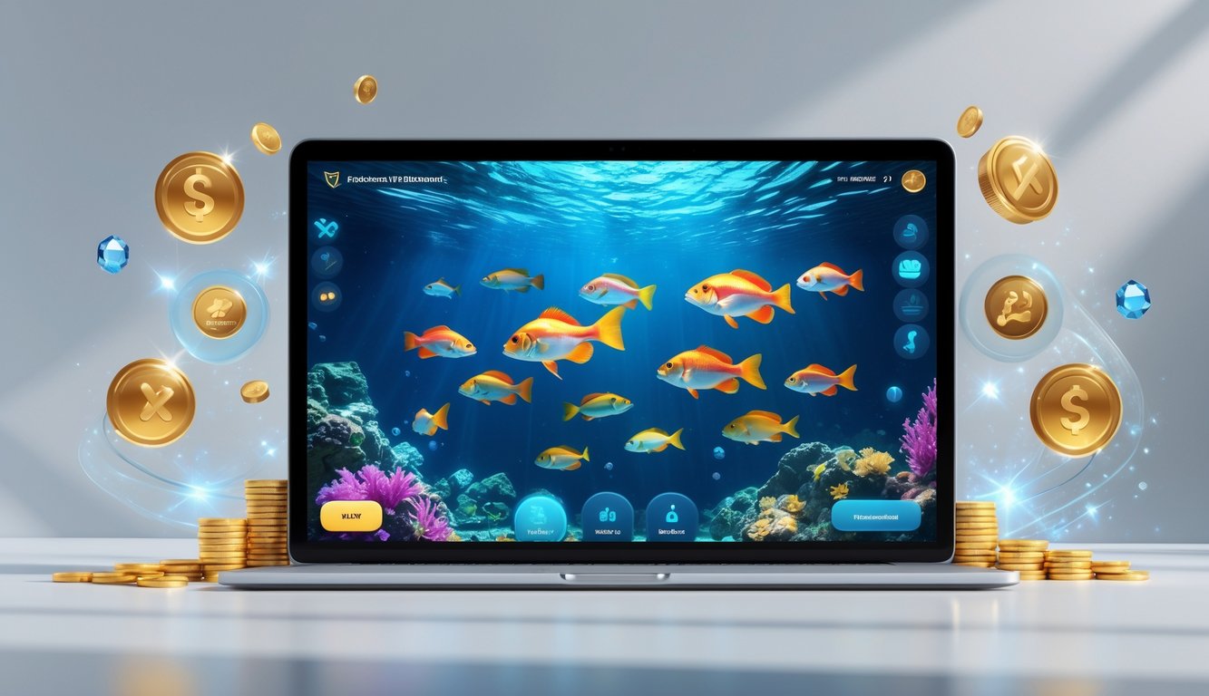 Layar perangkat digital menampilkan permainan ikan berwarna-warni dengan koin emas dan permata di sekitarnya.