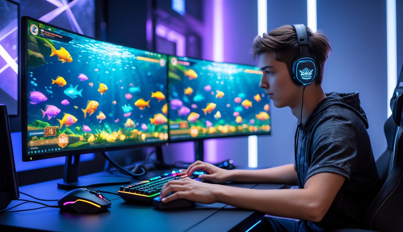 Seorang gamer muda sedang bermain game tembak ikan online dengan layar komputer yang menampilkan ikan warna-warni dan efek tembakan.