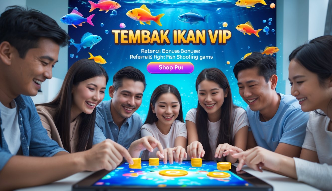 Sekelompok orang bermain permainan tembak ikan secara online bersama menggunakan perangkat digital di ruangan yang nyaman.