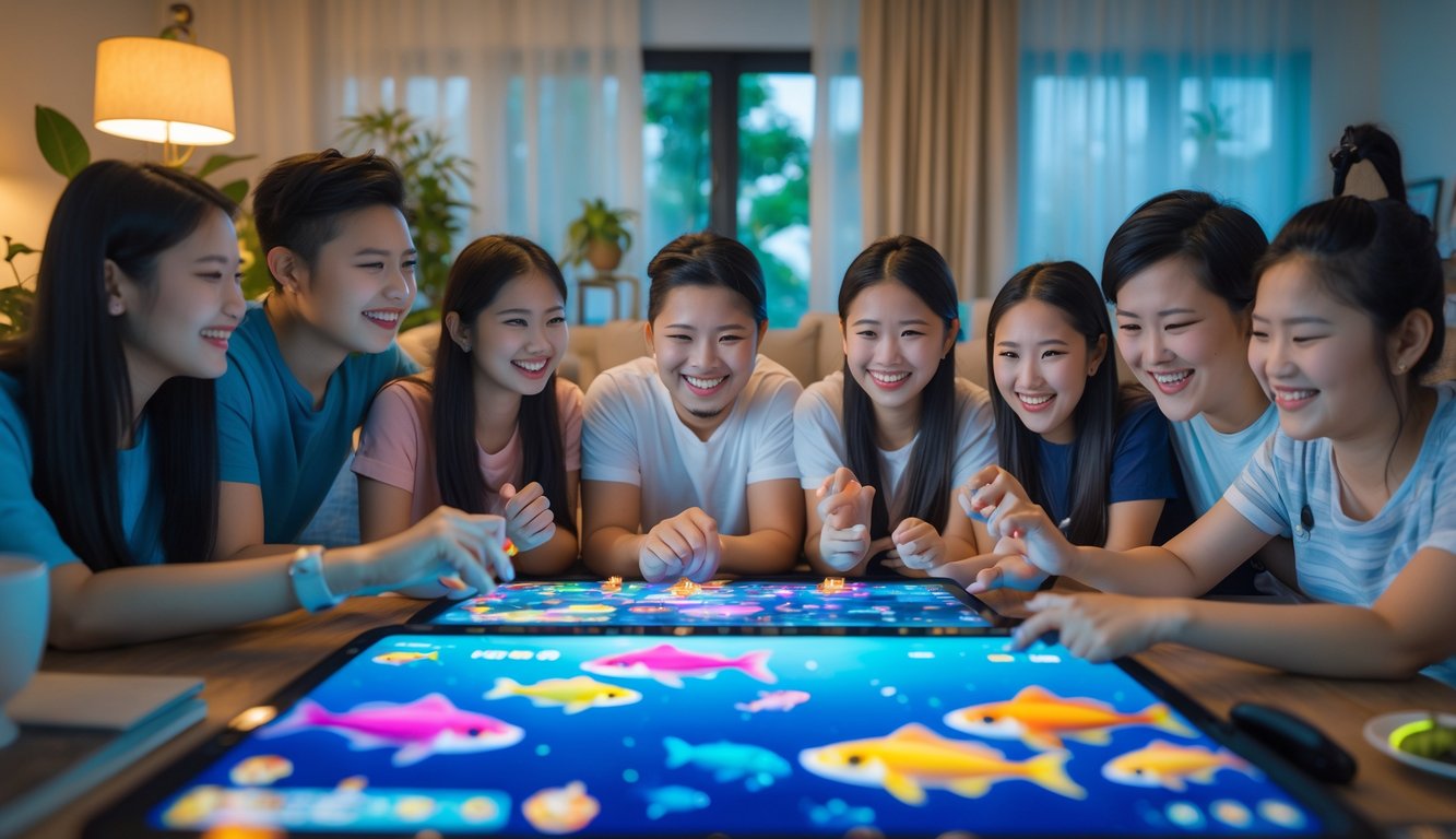 Sekelompok orang dari berbagai usia dan latar belakang bermain game online tembak ikan bersama di ruang tamu yang nyaman.