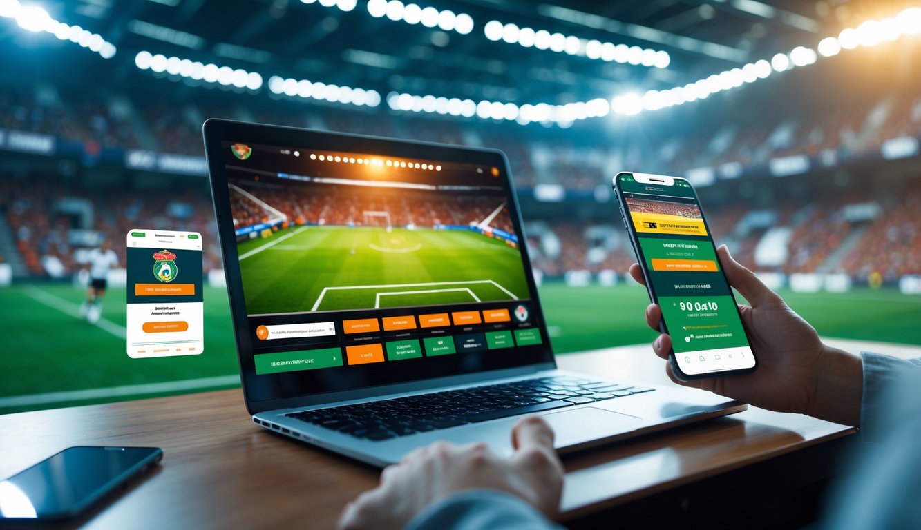 Seseorang menggunakan laptop dan ponsel dengan tampilan pertandingan sepak bola dan aplikasi taruhan online di meja kerja modern.